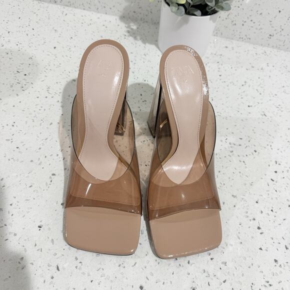 Zara Acrylic Chunky Heel Square Toe Heels Size 10 - Picture 3 of 6